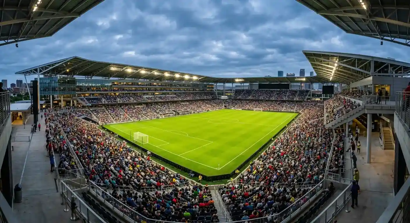 Iso avoin jalkapallostadion New Yorkin ja New Jerseyn alueelta ilta-auringossa, katsomo täyttyy, kentän kirkas vihreä ruoho