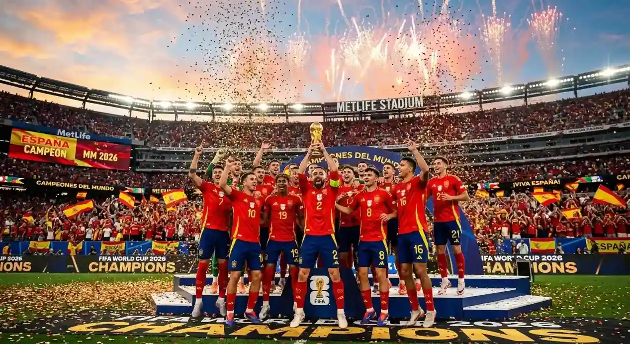 Espanjan pelaajat juhlivat MM-kultaa mestaruuspokaalin kanssa punaisissa paidoissa, konfetit ja ilotulitus taustalla