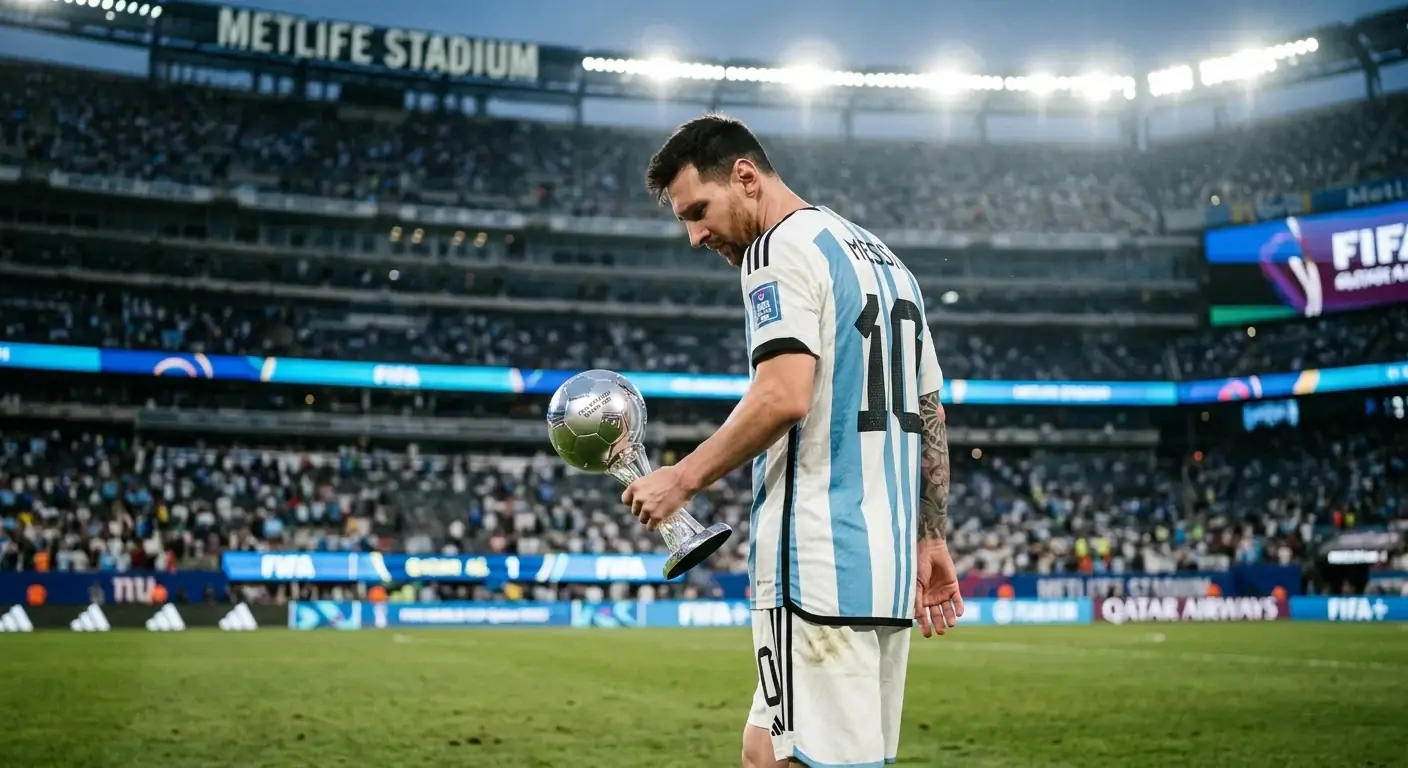 Lionel Messi kävelee pois kentältä Argentiinan sinivalkoisessa paidassa, pettynyt ilme kasvoilla, Hopeinen pallo kädessä