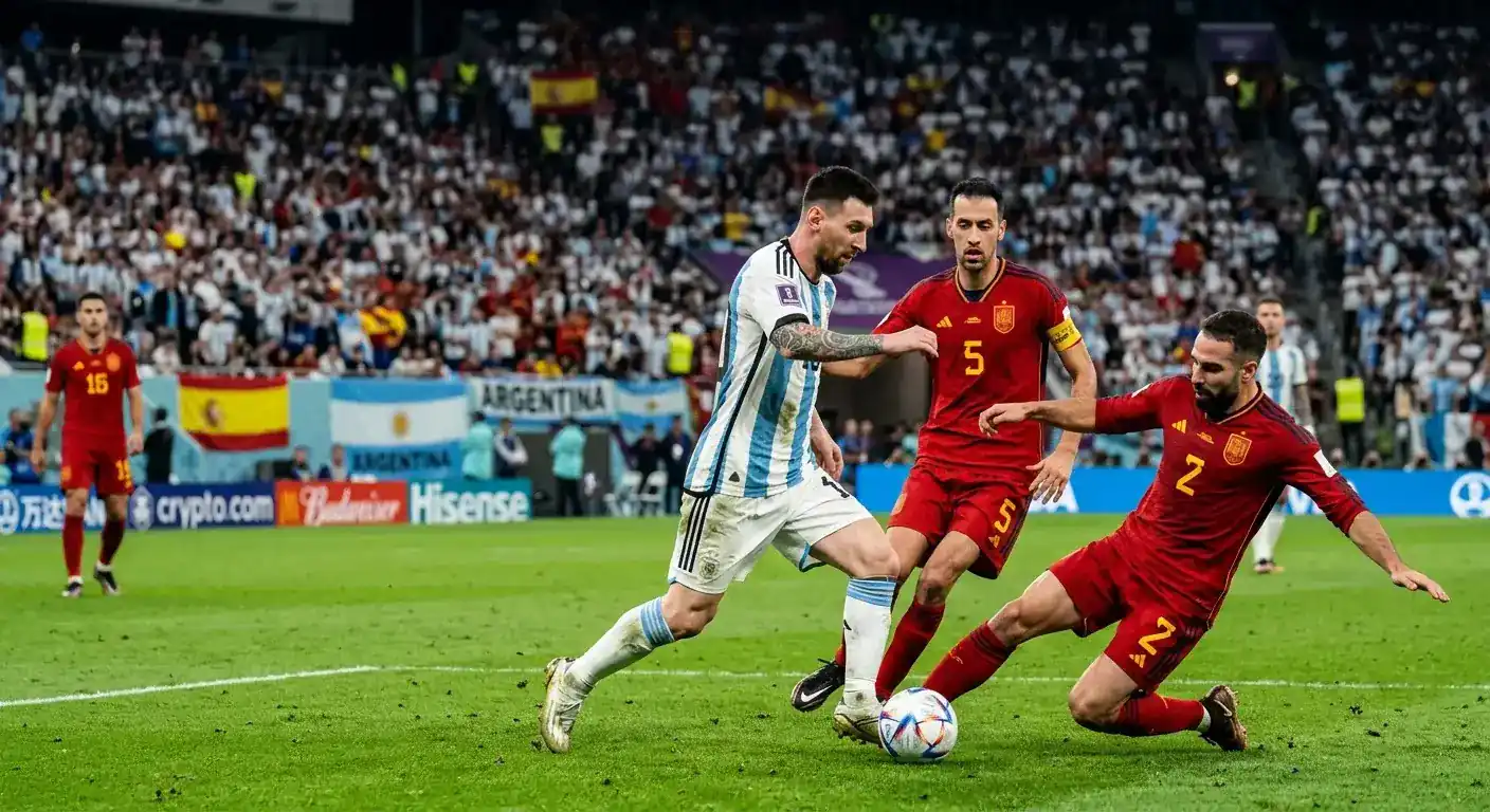 Lionel Messi pelaa finaalissa Espanjaa vastaan, yrittää ohittaa puolustajia, Argentiinan sinivalkoinen paita