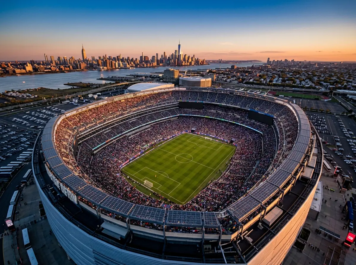 MetLife Stadium ilmakuva auringonlaskussa jalkapallo-ottelun aikana