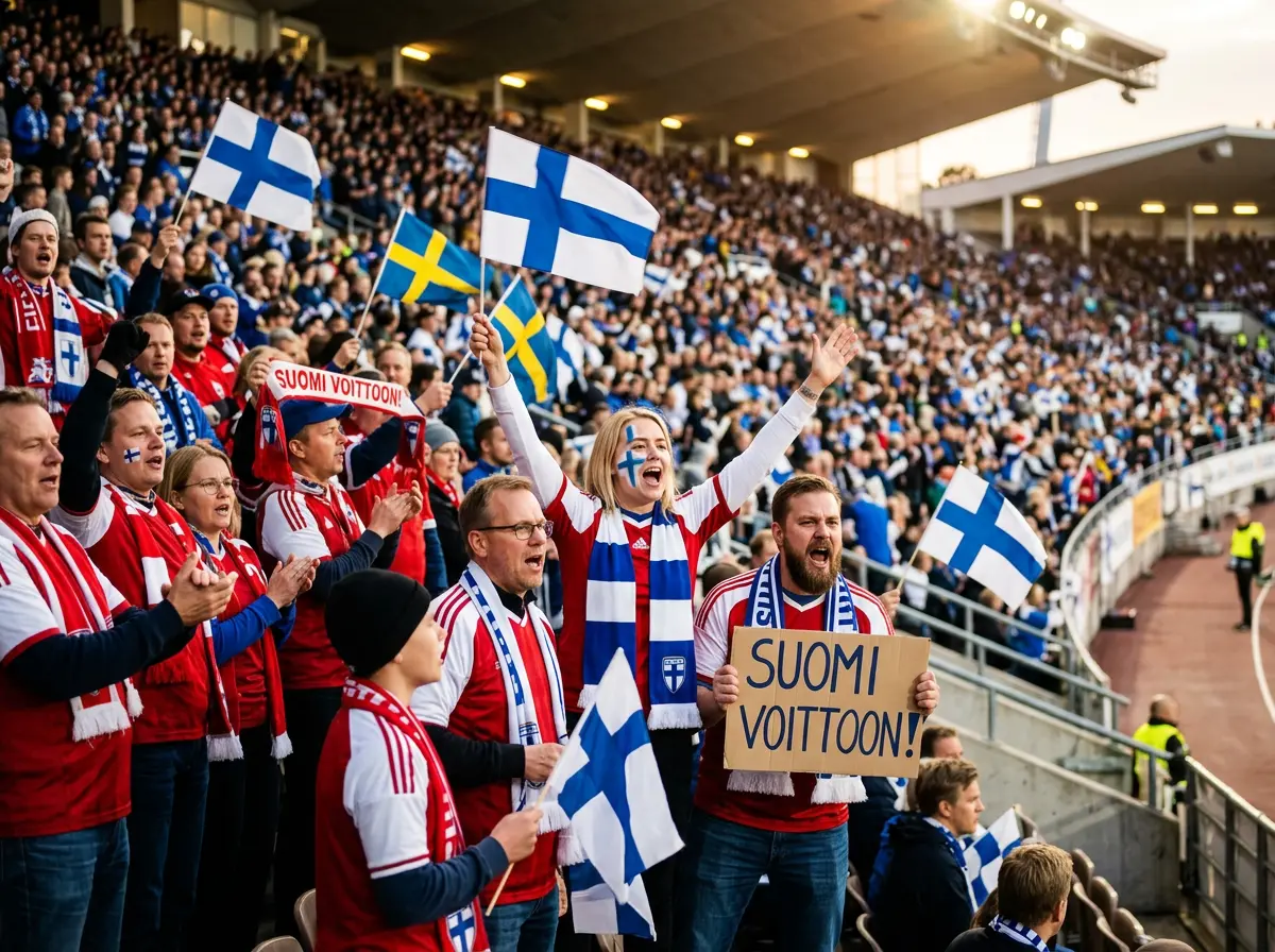 Pohjoismaisten jalkapallofanien joukko stadionilla liput heiluen