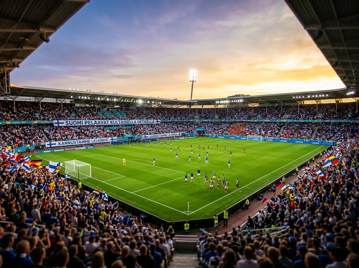 Täysi jalkapallostadion ilta-auringossa MM-kisat 2026 tunnelmassa