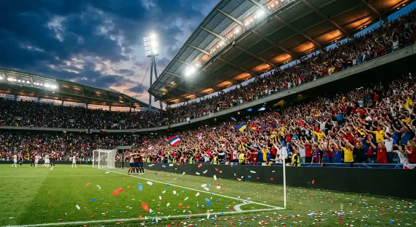 Jalkapalloilijat juhlivat maalia täydellä stadionilla iltavalaistuksessa, kannattajat värikkäissä paidoissa