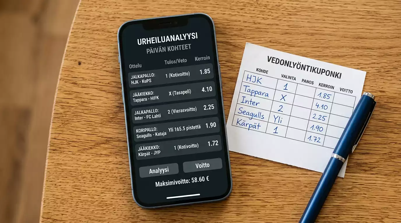 Vedonlyöntikuponki ja kännykkä, jossa MM-otteluiden kertoimia