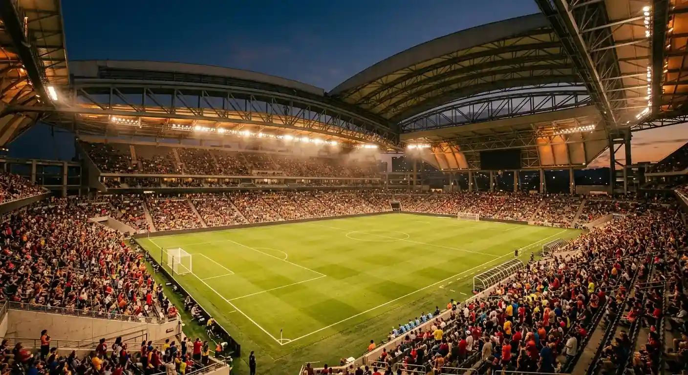 Iltavalaisussa oleva jalkapallostadion ennen ottelua, katsomo täyttyy hitaasti ja pelivalot ovat päällä