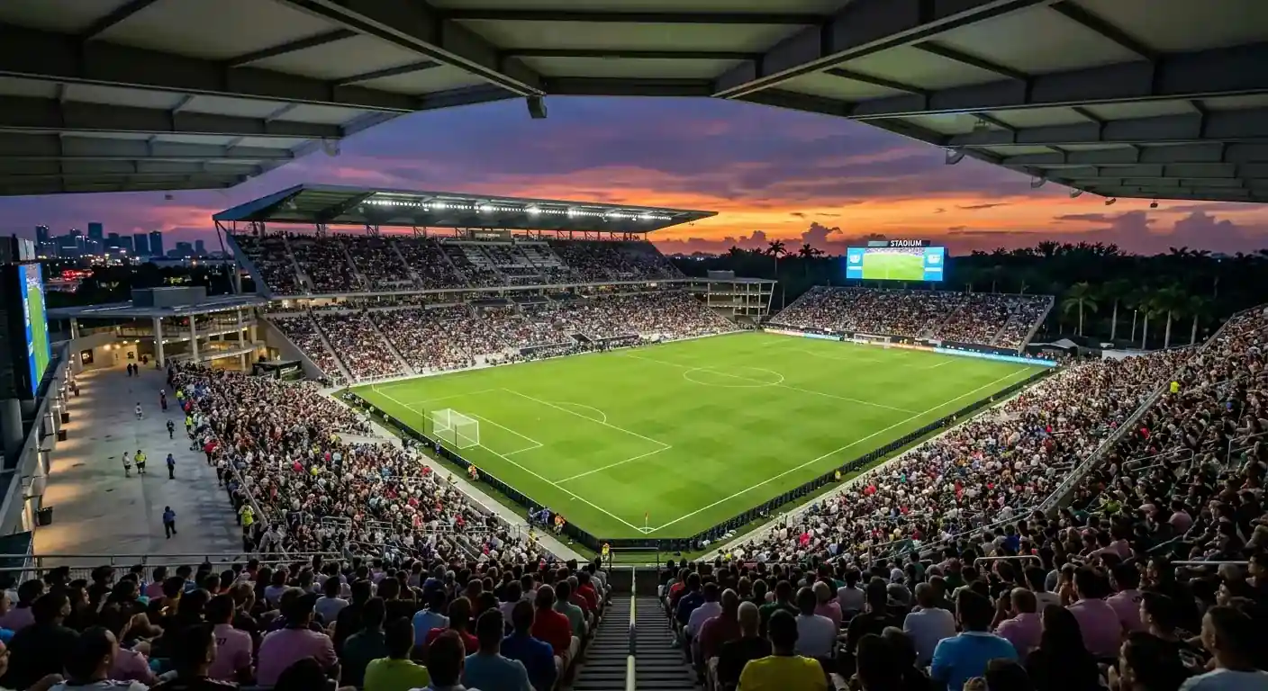 Yleiskuva jalkapallostadionilta hämärän aikaan, katsomon iltavalot ja katossijainen katto