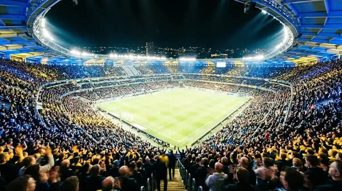 Pohjoismaisten värien sininen ja keltainen valaistus täydellä jalkapallostadionilla